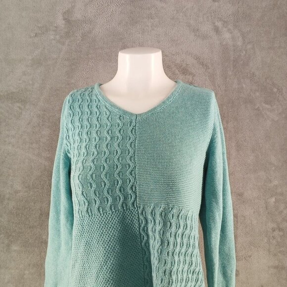 NWT KAREN SCOTT Textured Patchwork Sweater XS(0-2) Teal Aqua Cotton V-neck - Picture 2 of 13